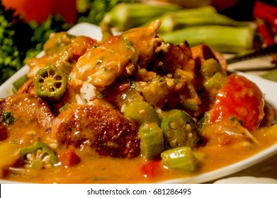 Chicken And Sausage Gumbo Served Over White Rice