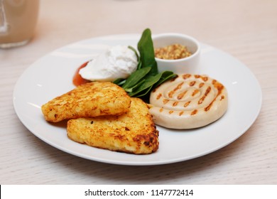 Chicken Sausage And Hash Browns With Poached Egg, Breakfast Meal