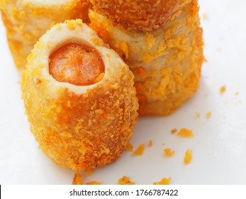 Chicken Sausage Roll Made From Bread With Cheese Sprinkles In Small Bite Size