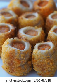 Chicken Sausage Roll Made From Bread With Cheese Sprinkles In Small Bite Size