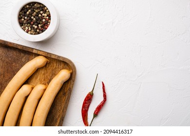 Chicken Sausage Set, On White Stone Table Background, Top View Flat Lay, With Copy Space For Text