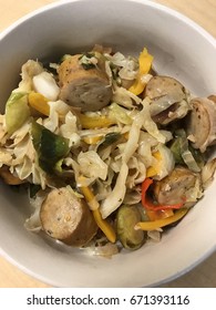 Chicken Sausage With Shredded Cabbage, Brussel Sprouts And Peppers