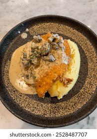 Chicken schnitzel served with mushroom sauce and mashed potato in the plate