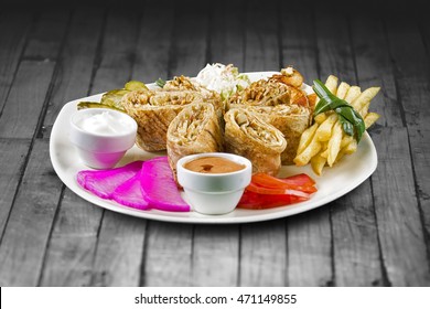 Chicken Shawarma Arabi On Plate - Front View On Wooden Background
