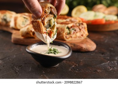 Chicken Shawarma Durum Doner Kebab Copy Space. Kafta Shawarma Chicken Pita Wrap Roll Sandwich Traditional Arab Mid East Food


