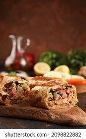 Chicken Shawarma Durum Doner Kebab Copy Space. Kafta Shawarma Chicken Pita Wrap Roll Sandwich Traditional Arab Mid East Food


