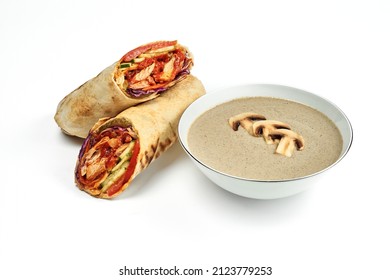 Chicken Shawarma Menu And Mushroom Cream Soup In A Bowl Isolated On A White Background