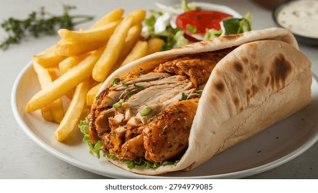 Chicken Shawarma : Middle Eastern chicken shawarma wrap in toasted pita bread filled with spiced grilled chicken slices and fresh salad, served with golden fries and tzatziki sauce on plate