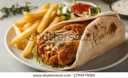 Chicken Shawarma : Middle Eastern chicken shawarma wrap in toasted pita bread filled with spiced grilled chicken slices and fresh salad, served with golden fries and tzatziki sauce on plate