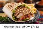 Chicken Shawarma Wrap: A flavorful wrap filled with marinated and grilled chicken shawarma, fresh veggies, and a drizzle of garlic sauce, wrapped in a soft flatbread