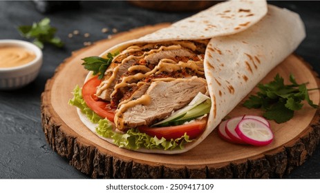 Chicken Shawarma Wrap: A flavorful wrap filled with marinated and grilled chicken shawarma, fresh veggies, and a drizzle of garlic sauce, wrapped in a soft flatbread