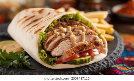 Chicken Shawarma Wrap: A flavorful wrap filled with marinated and grilled chicken shawarma, fresh veggies, and a drizzle of garlic sauce, wrapped in a soft flatbread