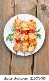 Chicken Shish Kebab On White Plate, Top View