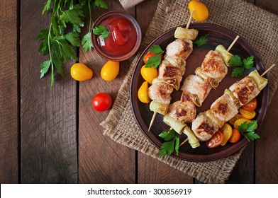 Chicken Shish Kebab With Zucchini. Top View