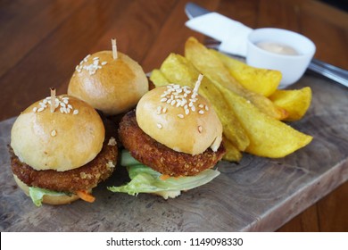 Chicken Sliders With Potatoes Fries. Mini Burger