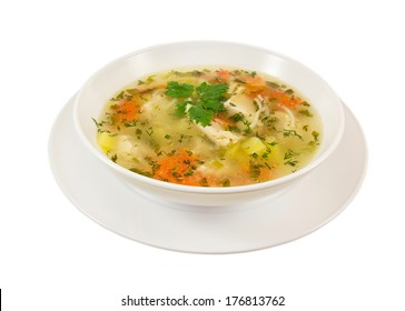 Chicken Soup In White Bowl Isolated On White Background.