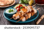 Chicken Souvlaki: Juicy chicken souvlaki skewers with a side of tzatziki and pita, capturing the vibrant