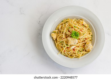Chicken Spaghetti Pasta On White Background Top Down Photo