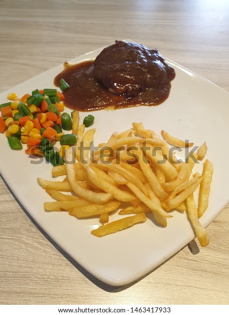 Chicken Steak Mushroom Sauce Fries Stock Photo Edit Now 1463417933