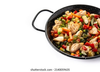 Chicken Stir Fry And Vegetables Isolated On White Background. Copy Space