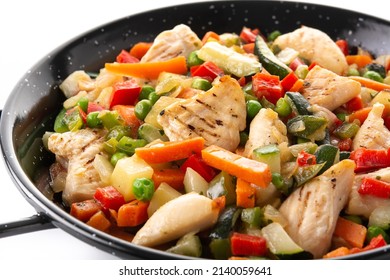 Chicken Stir Fry And Vegetables Isolated On White Background.