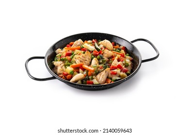 Chicken Stir Fry And Vegetables Isolated On White Background.