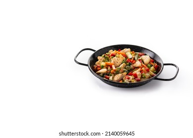 Chicken Stir Fry And Vegetables Isolated On White Background. Copy Space