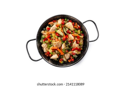 Chicken Stir Fry And Vegetables Isolated On White Background