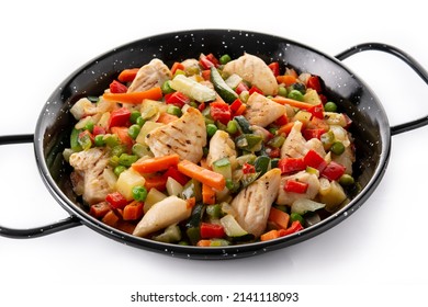 Chicken Stir Fry And Vegetables Isolated On White Background