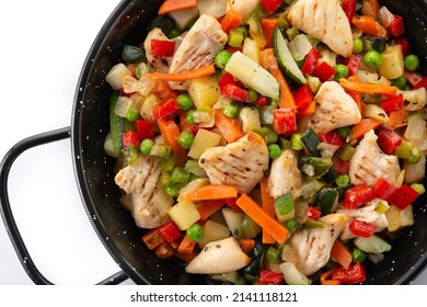 Chicken Stir Fry And Vegetables Isolated On White Background.Close Up