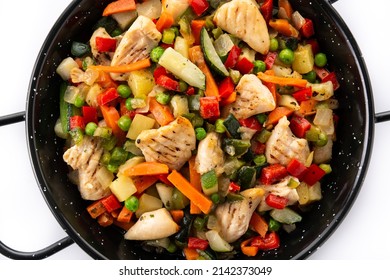 Chicken Stir Fry And Vegetables Isolated On White Background.Close Up