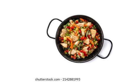 Chicken Stir Fry And Vegetables Isolated On White Background. Top View. Copy Space