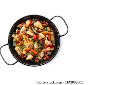 Chicken Stir Fry And Vegetables Isolated On White Background. Top View. Copy Space