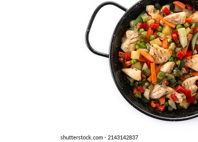 Chicken Stir Fry And Vegetables Isolated On White Background. Top View. Copy Space