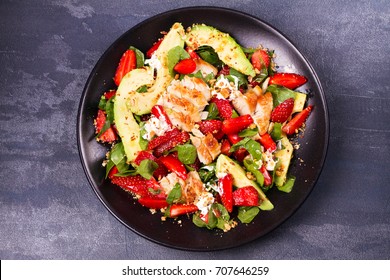 Chicken, Strawberry, Avocado And Spinach Salad. View From Above, Top Studio Shot, Overhead