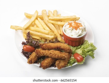 Chicken Strips With Fries And Coleslaw Salad, Chicken Tenders Plate Isolated On White