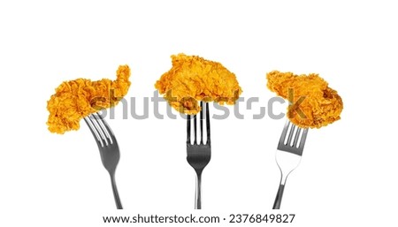 Chicken Strips on Forks Isolated, Breaded Nuggets, Crispy Fry Chicken Meat, American Deep Fried Crunchy Fillet Pieces on White Background