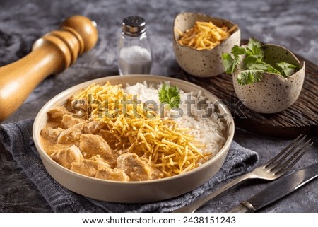 Chicken stroganoff with rice and straw potatoes. Strogonoff.