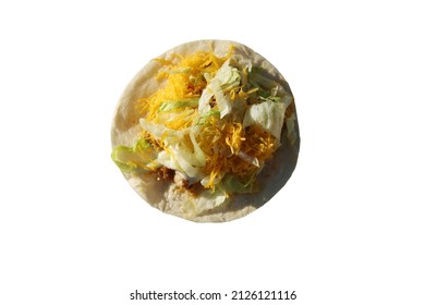 Chicken Taco. A Street Style Chicken Taco With Lettuce, Sour Cream, Chicken, Cheese Isolated On White. Room For Text. Street Tacos Are Popular With Hungry People World Wide. 