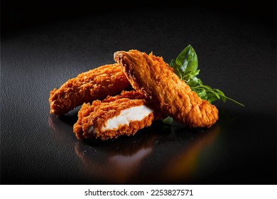 Chicken tender pieces on a black background