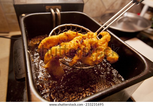 Chicken tenders fried in a
deep fryer.