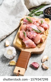 Chicken Thigh Fillet Cut Into Cubes. Gray Background. Top View