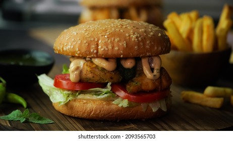 Chicken Tikka Burger With Fries 