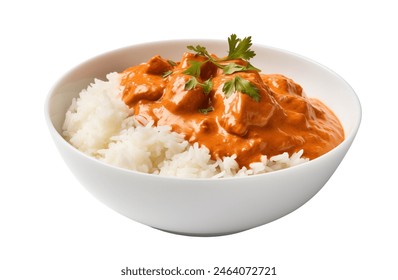 Chicken tikka masala over fluffy white rice in a bowl isolated, a classic Indian dish - Powered by Shutterstock