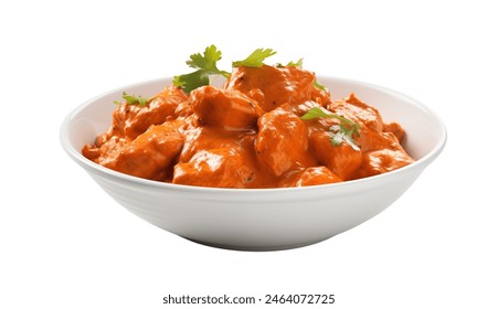 Chicken tikka masala over fluffy white rice in a bowl isolated, a classic Indian dish - Powered by Shutterstock