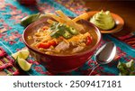 Chicken Tortilla Soup: Hearty soup with shredded chicken, tomatoes, and beans, topped with crispy tortilla strips, avocado, and cheese. A warm, flavorful dish.