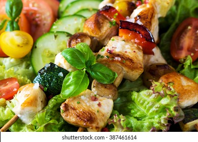 Chicken And Vegetable Skewers With  Garlic Dip And Salad