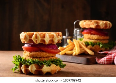 Chicken Waffle Sandwich With Tomato And Onions