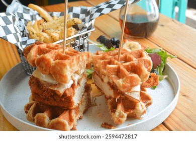 Gofres de pollo comida restaurante frutas