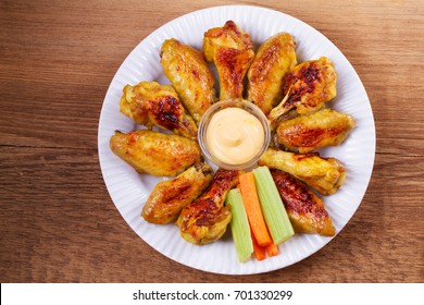 Chicken Wings Buffalo. Chicken With Celery And Carrot Sticks. View From Above, Top Studio Shot